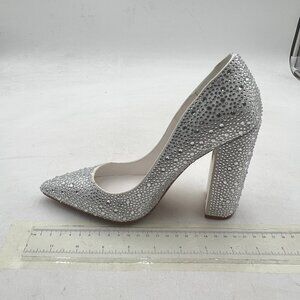 FSJ White Rhinestone Sexy Pointed Toe Pumps Chunky High Heel Slip On Office Lady